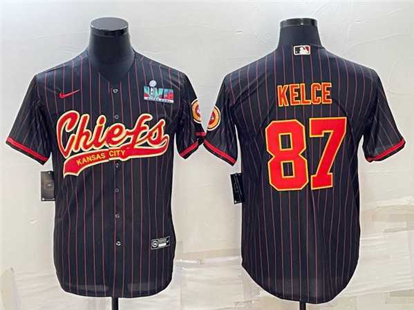 Men%27s Kansas City Chiefs #87 Travis Kelce Black With Super Bowl LVII Patch Cool Base Stitched Baseball Jersey